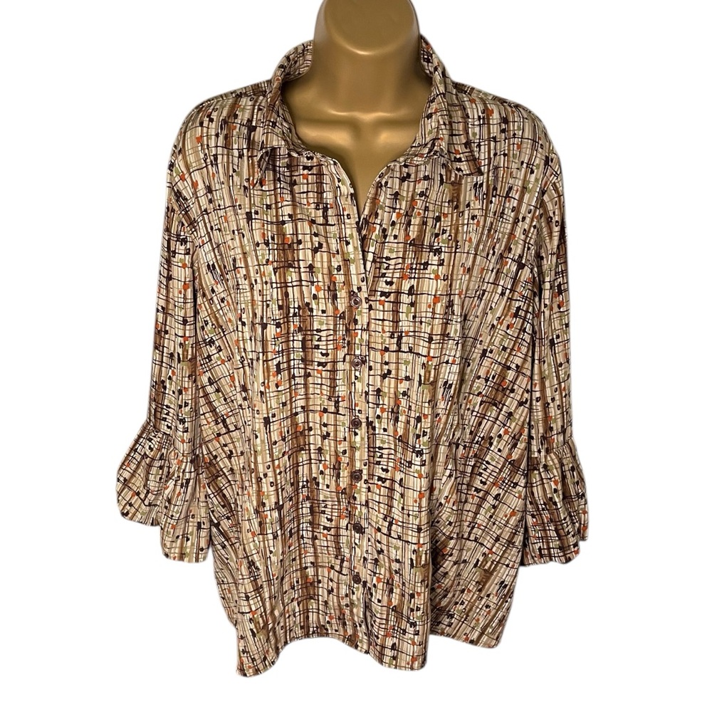 Y2K Dressbarn Abstract Geometric Print Button Front Blouse Brown Multi XL